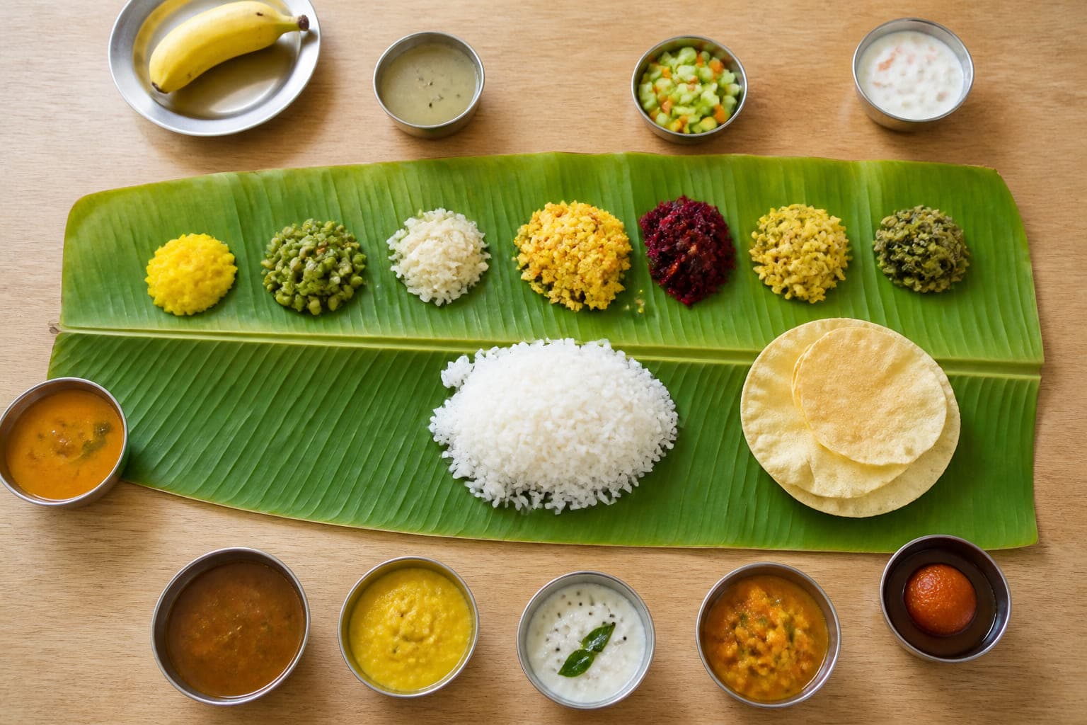 Bananenblatt mit vollständigem Essen: Reis in der Mitte, sieben kleine Gemüsehäufchen an der oberen Kante, zwei Papads