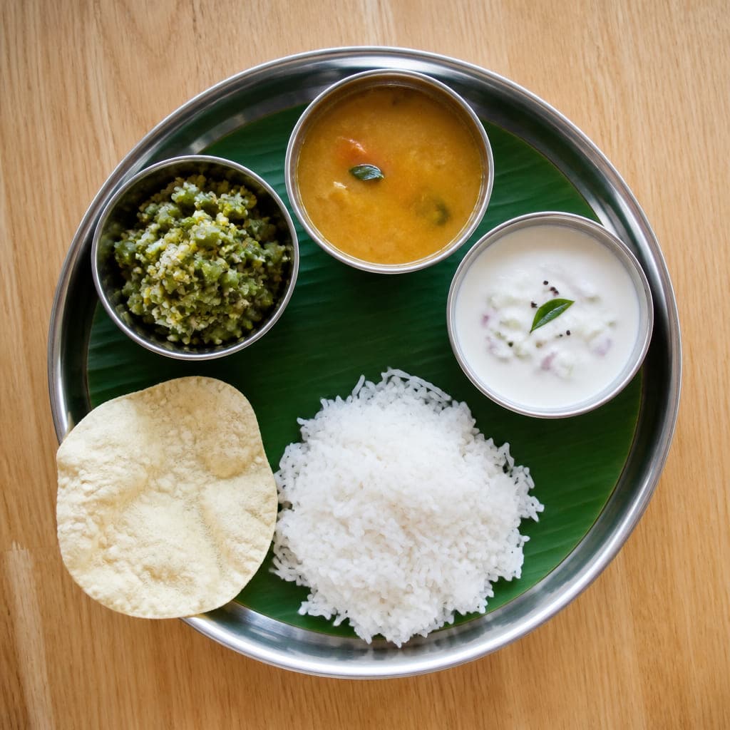 Kleines Mittagsthali von oben: Reis, drei Schälchen mit Sambar, Bohnengemüse und Raita, dazu ein Papad
