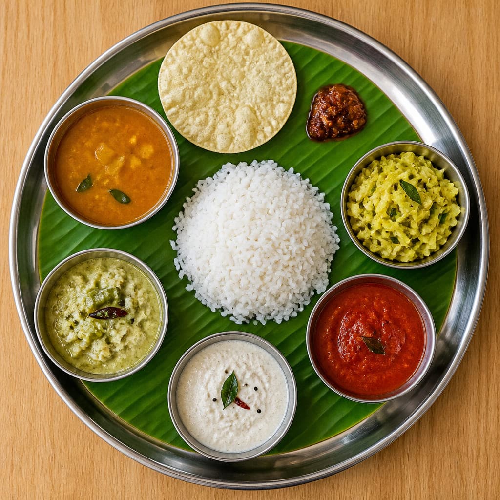 Ein vollständiges Kerala Meals von oben: Reis in der Mitte eines Stahltabletts auf Bananenblatt, ringsherum kleine Schalen mit Sambar, Kokoscurry, zwei Chutneys und Gemüse, dazu ein Papad
