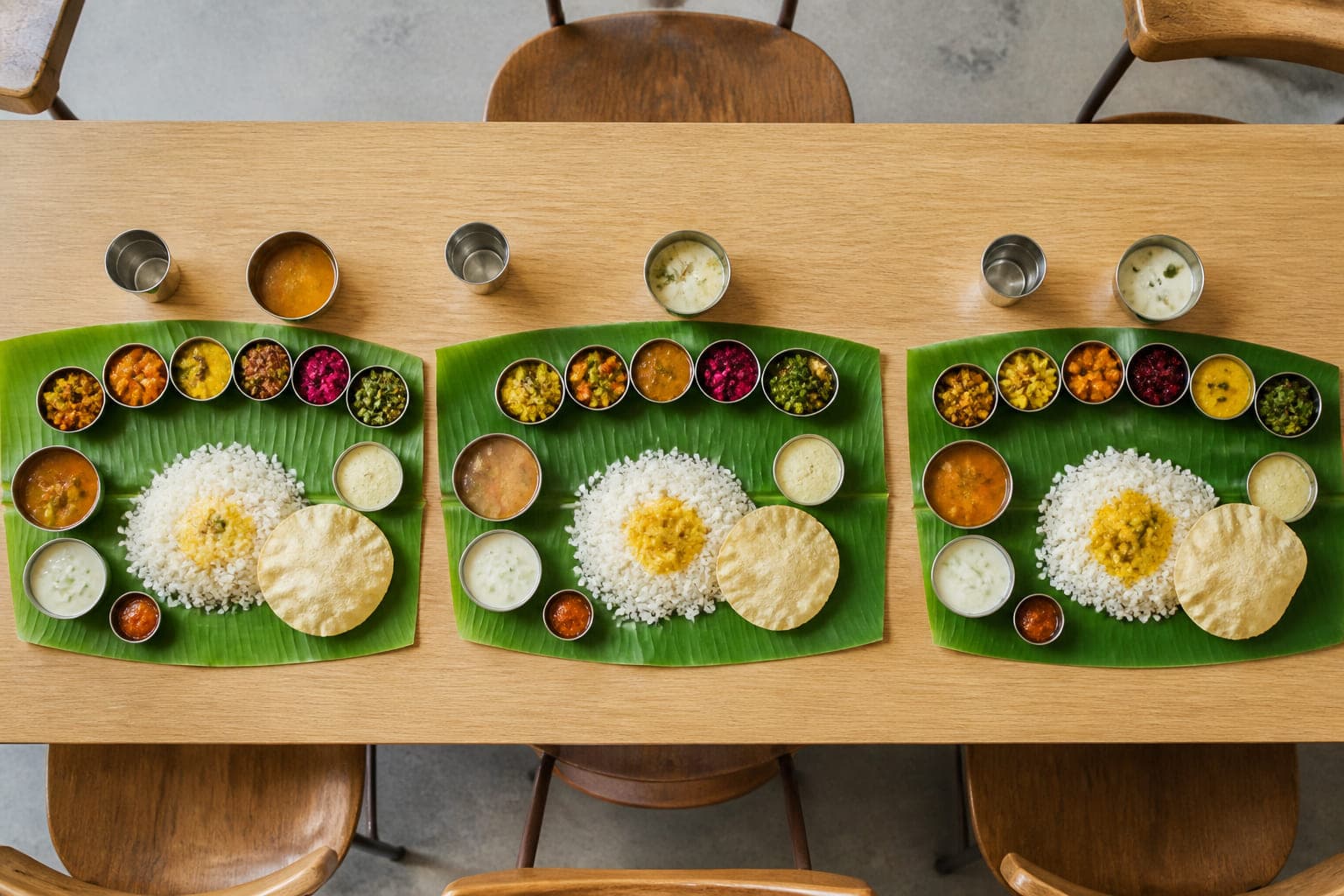 Drei Bananenblätter nebeneinander mit vollständigem Sadhya: Reis und neun Beilagen je Blatt