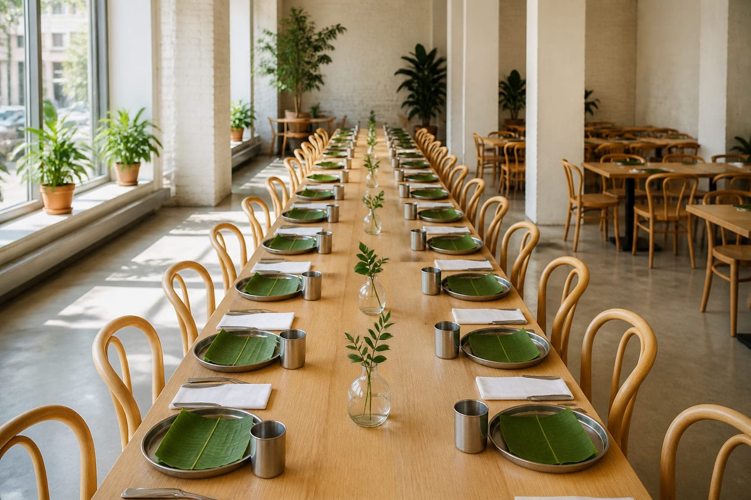 Lange gedeckte Tafel im Gastraum mit zwanzig Stahltellern auf Bananenblättern, noch ohne Gäste