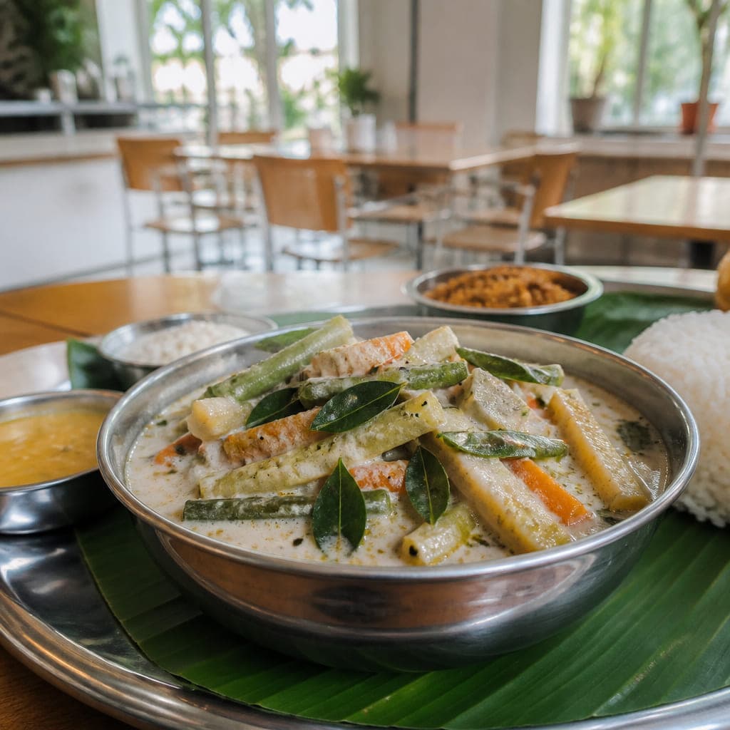 Avial: Gemüsestifte in heller Kokossoße mit Curryblättern
