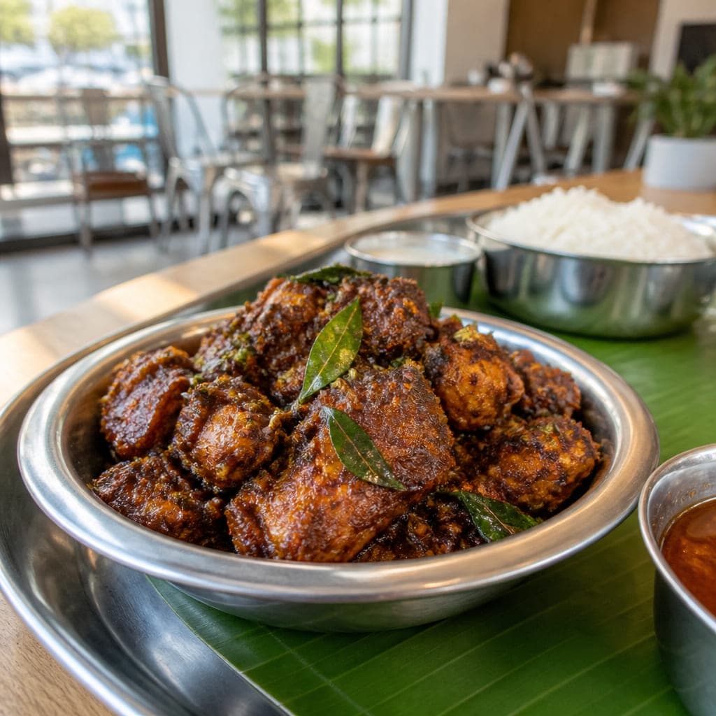 Chicken Chettinad: Hühnerstücke in dunkelbraunem Pfeffermasala mit Curryblättern