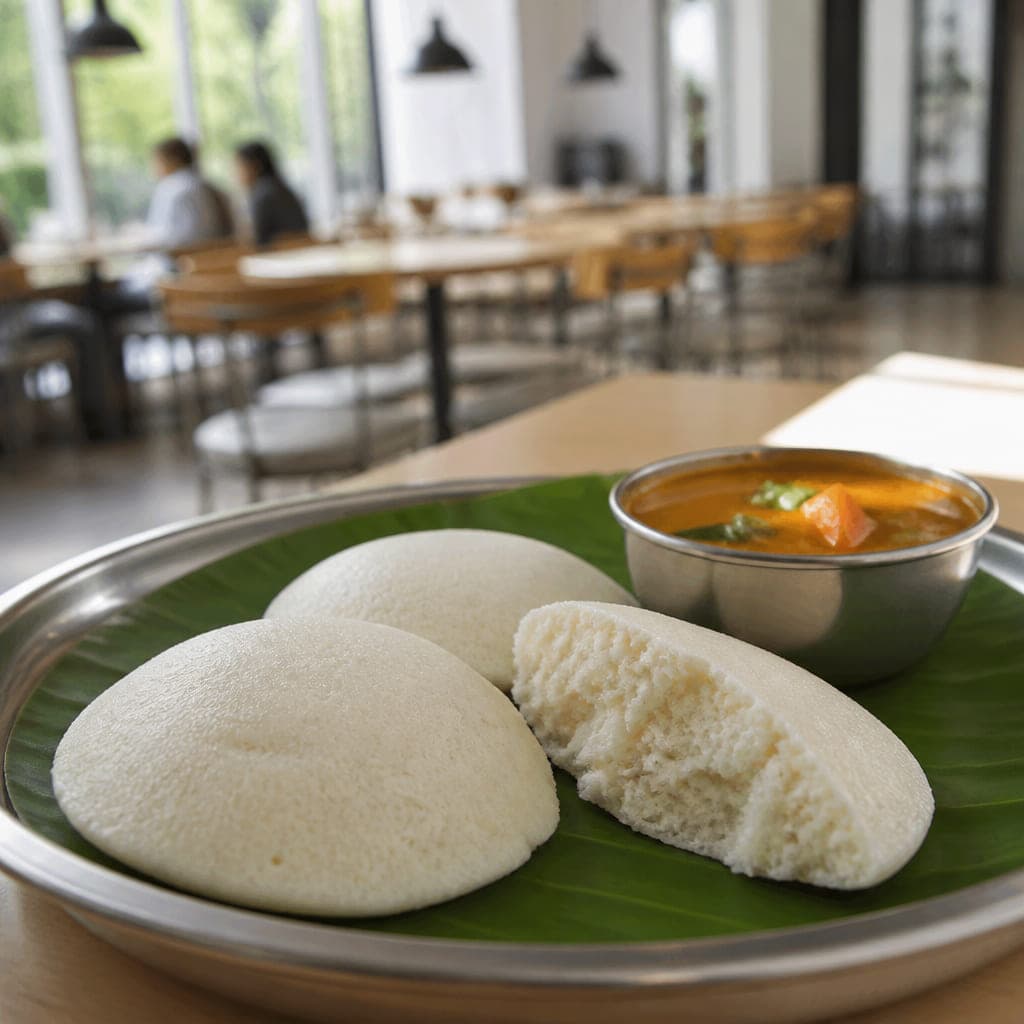 Drei weiße Idli auf Bananenblatt, eines aufgebrochen, daneben eine Schale Sambar