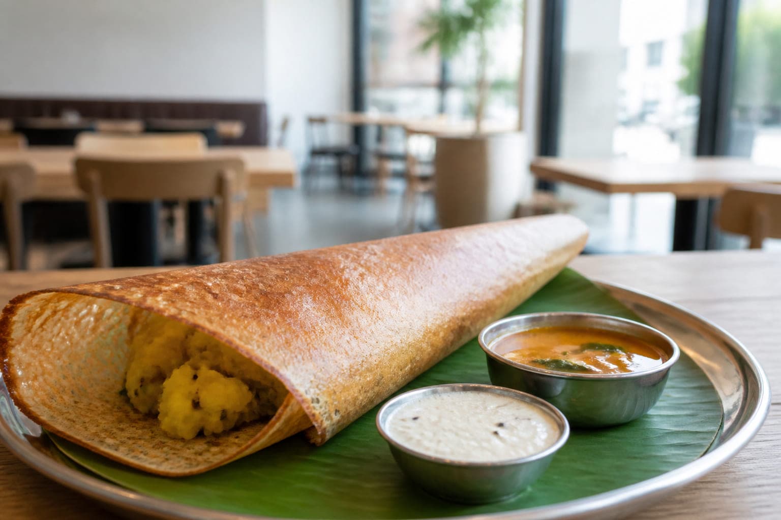 Gerollte goldbraune Masala Dosa auf Bananenblatt, die Kartoffelfüllung ist an der offenen Seite sichtbar, daneben Sambar und Kokoschutney