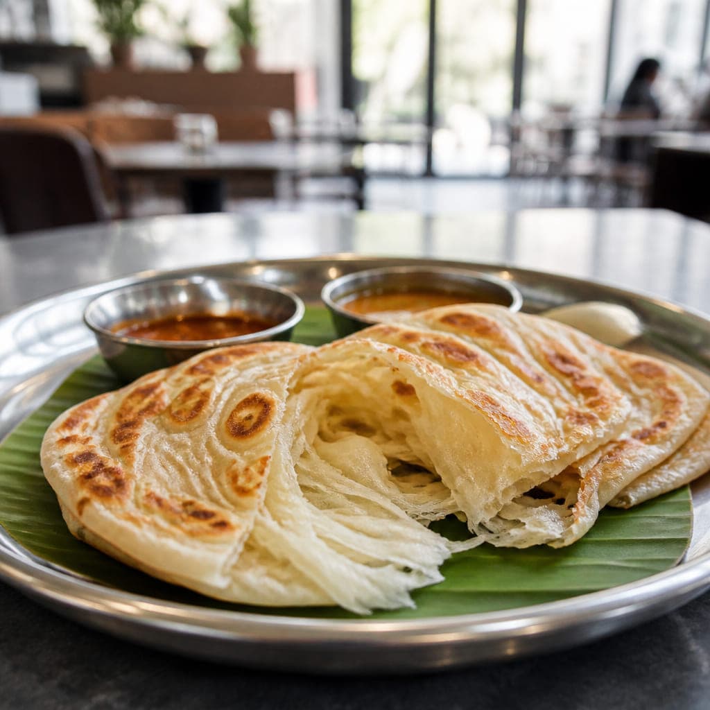 Aufgerissene Kerala Parotta, die einzelnen Teigschichten sind sichtbar