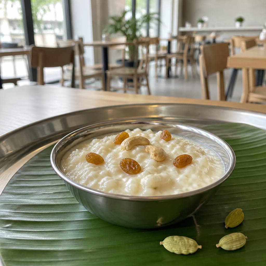 Schale Payasam mit Cashewkernen und Rosinen, daneben Kardamomkapseln