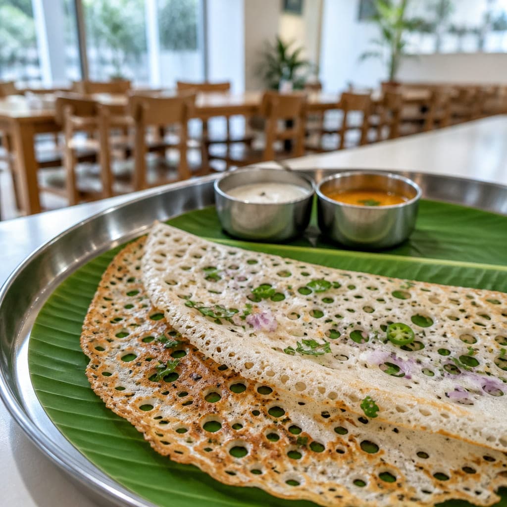 Netzartig durchbrochene Rava Dosa mit Zwiebel, Chili und Curryblatt auf einem Stahlteller