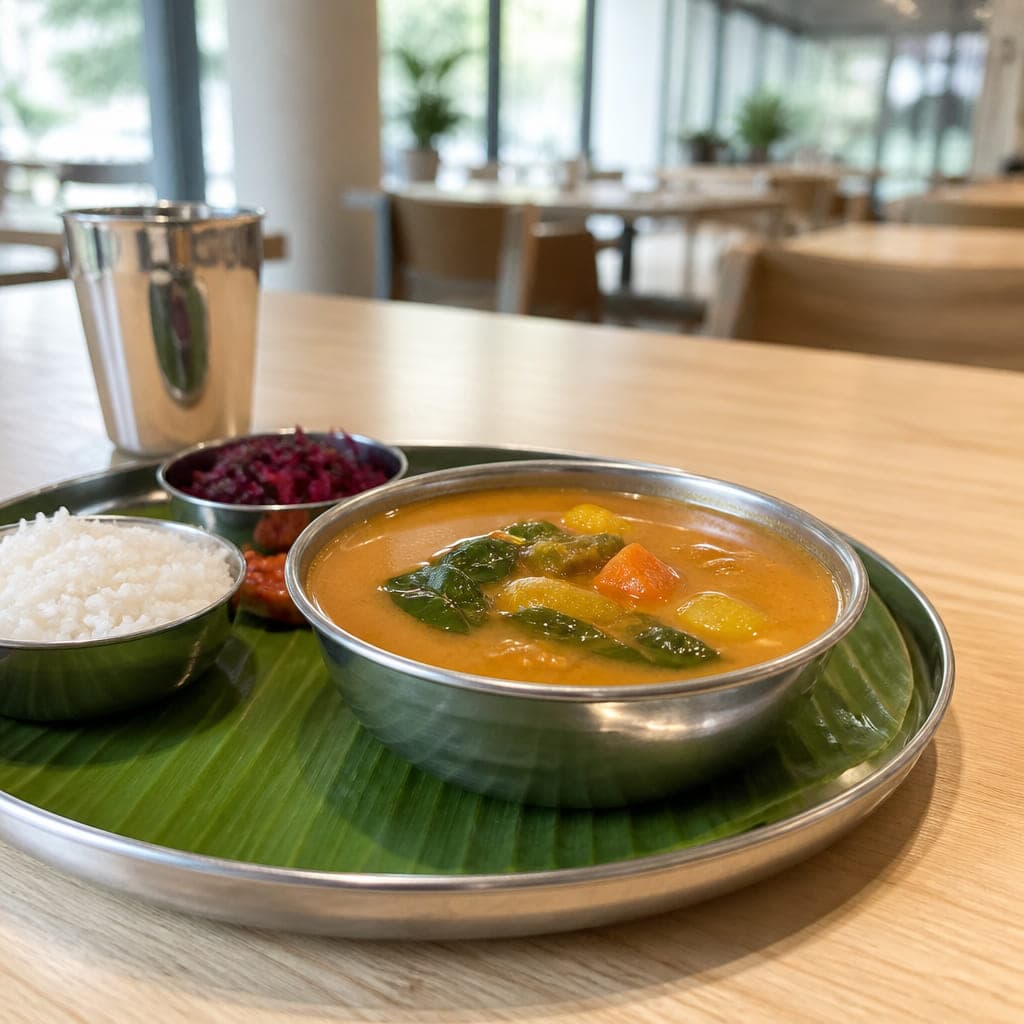 Dampfende Schale Sambar mit Möhre, Kürbis und Drumstick, obenauf frische Curryblätter