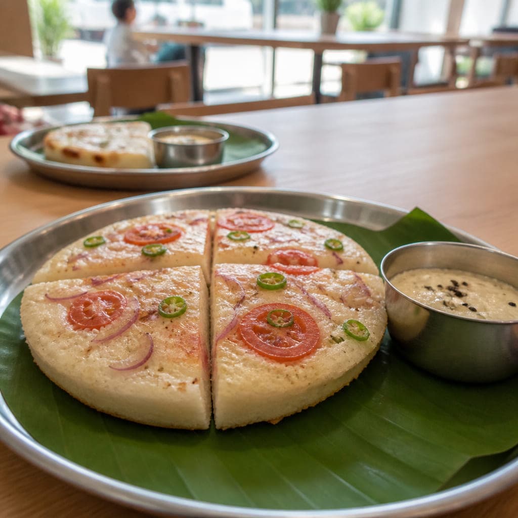 Dicker Uttapam mit eingebackener Zwiebel und Tomate, in Viertel geschnitten