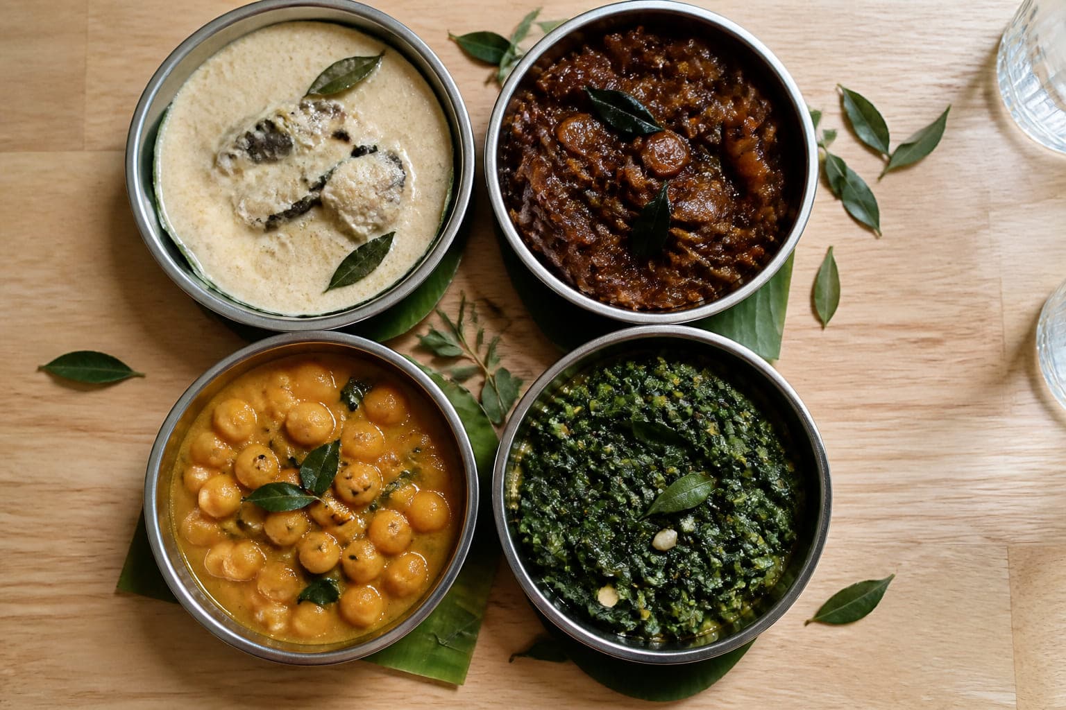 Vier Currys in Stahlschalen: helles Fischcurry in Kokos, dunkles Schalottencurry, Kichererbsen und Spinat